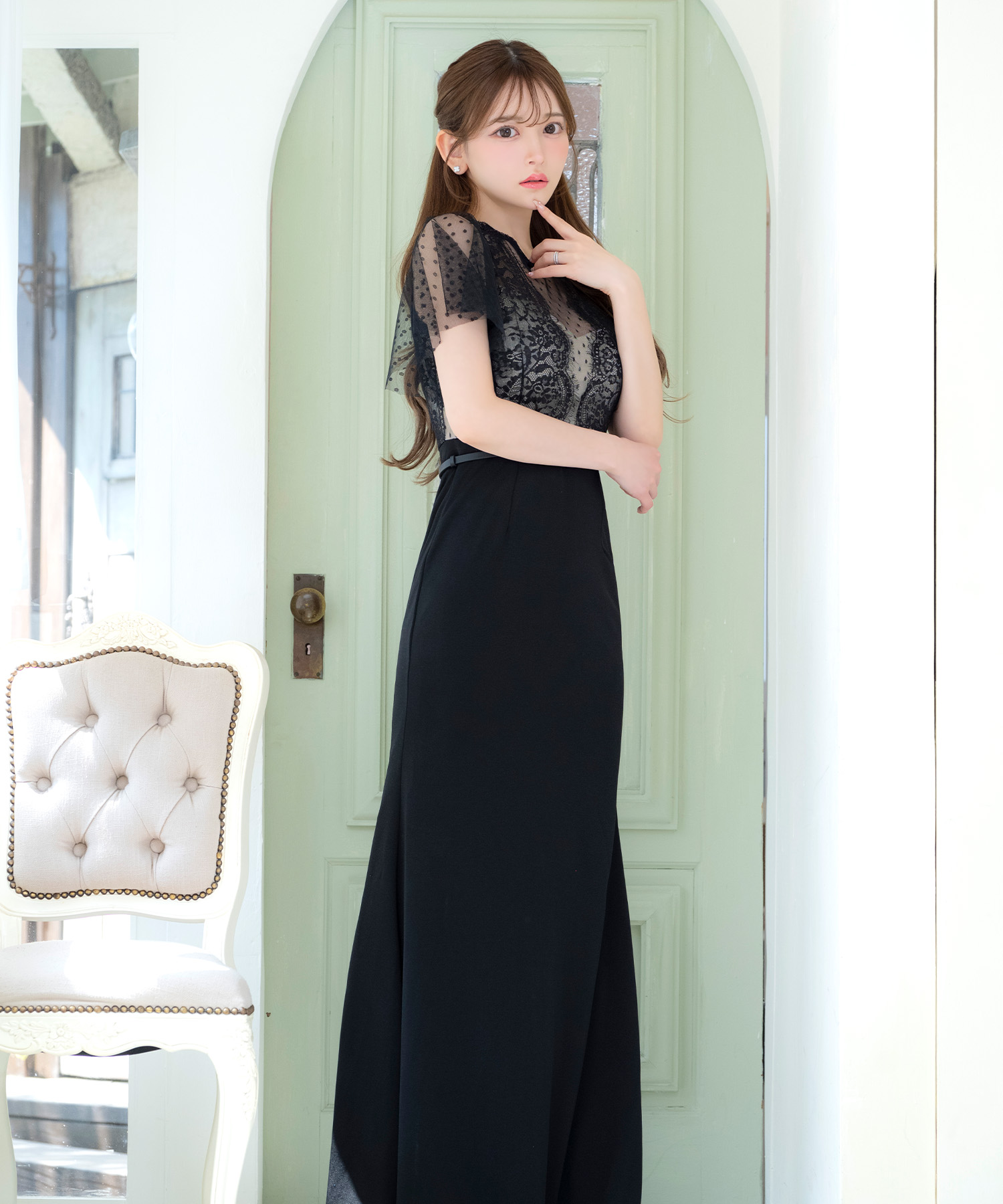 ティカ Tika キャバドレス 半袖 シアー ドット柄 フレアスリーブ