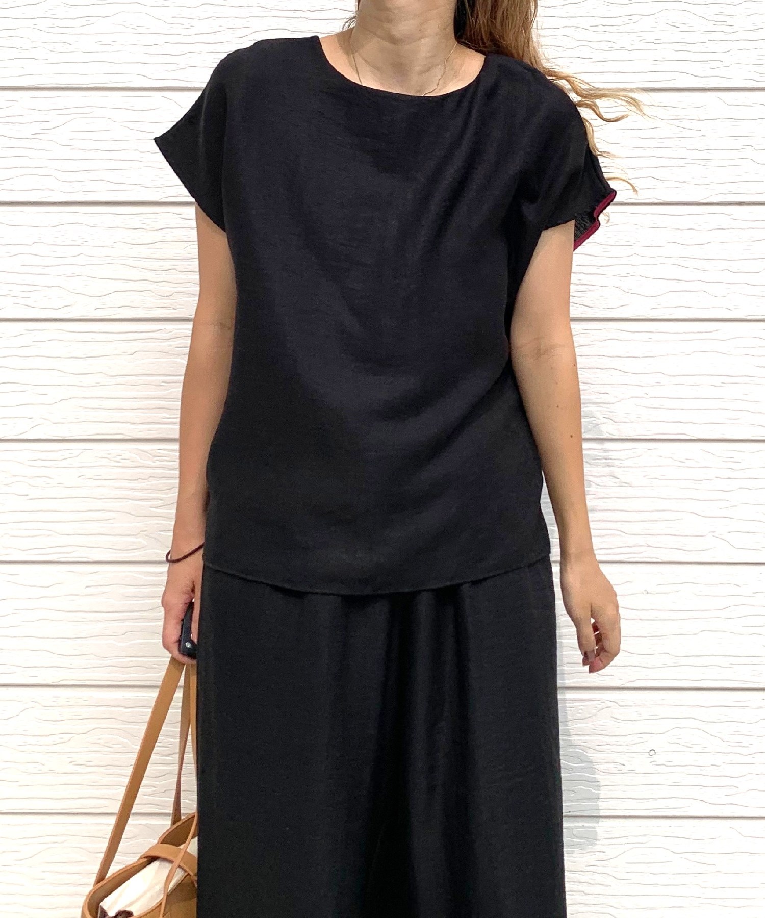 正規品♡ロブション♡レーヨン上下セット♡ブラック キュー Q レーヨンスラブネックベルトブラウス(508381929