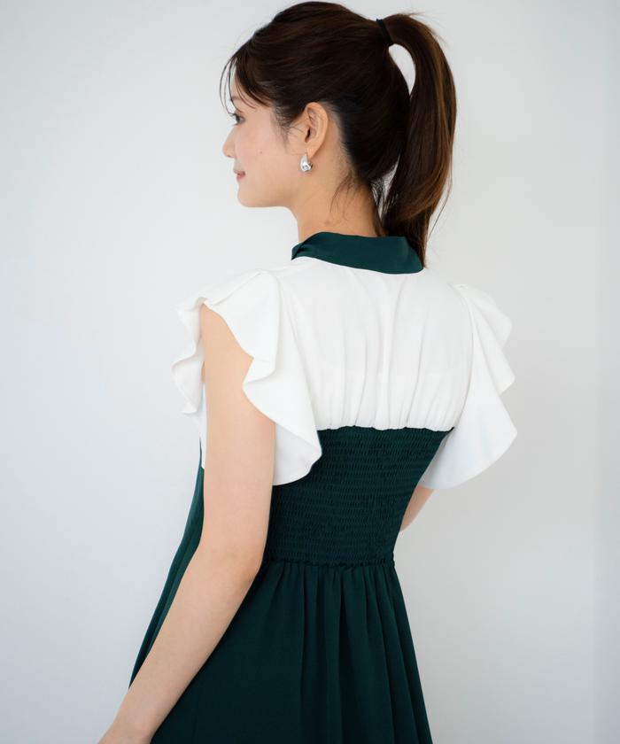 セール 50%OFF】ラッフルノースリーブリボン襟ワンピース