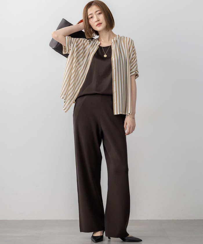 【pas de calais】シンプルやわらかパンツ（黒）✳︎新品 洗える/吊り干しOK】ヴィスコースストレッチ ワイド パンツ