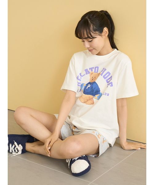 【新品未使用】ベアワンポイントTシャツ&ベア柄ショートパンツSET オートミール ONLINE限定】【接触冷感】ベアワンポイントTシャツ&ストライプ