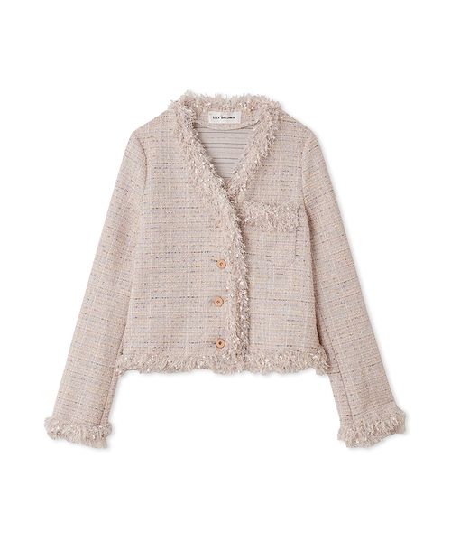 【未使用・タグ付き✨】LILY BROWNフリンジツイードジャケット(ホワイト) 限定カラー】カットツイードフリンジジャケット(508364961