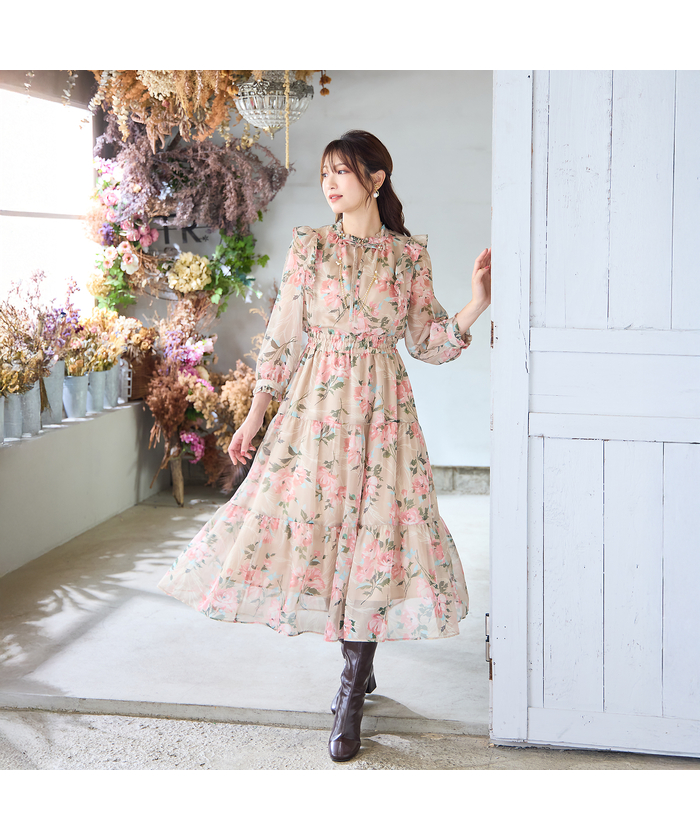 【新品】Rose Tiara ローズティアラ ぼかしフラワープリーツワンピース 新作】オリジナルフラワープリント | Rose Tiara【ローズティアラ】