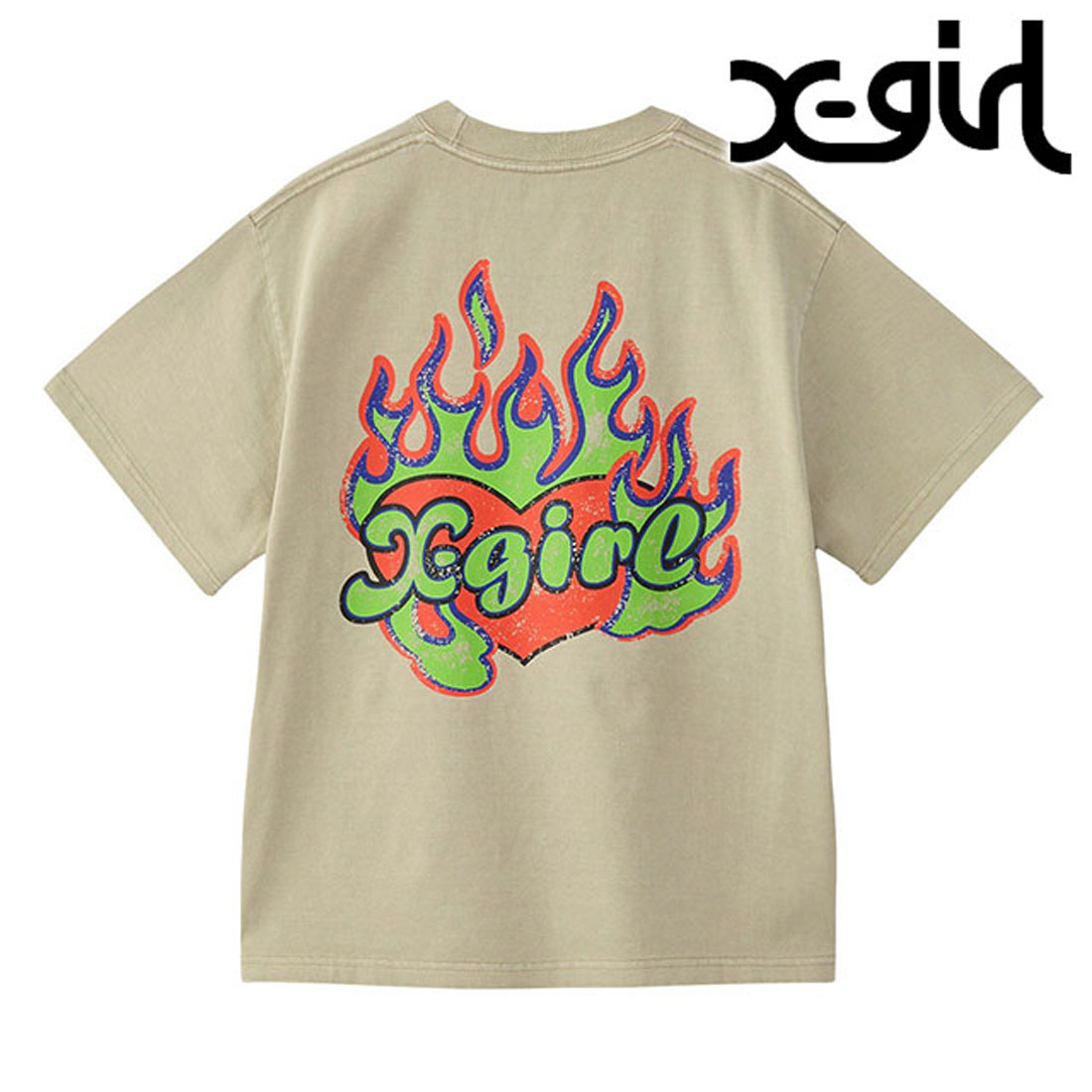 エックスガール X－girl FIRE HEART LOGO S/S TEE OLIVE