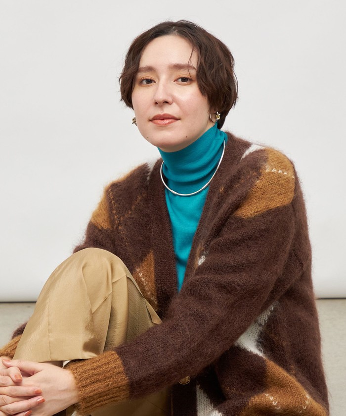 カーディガン モヘアインターシャアーガイルVネックカーディガン レディース Laraaji(ララージ)のモヘアインターシャアーガイルVネック
