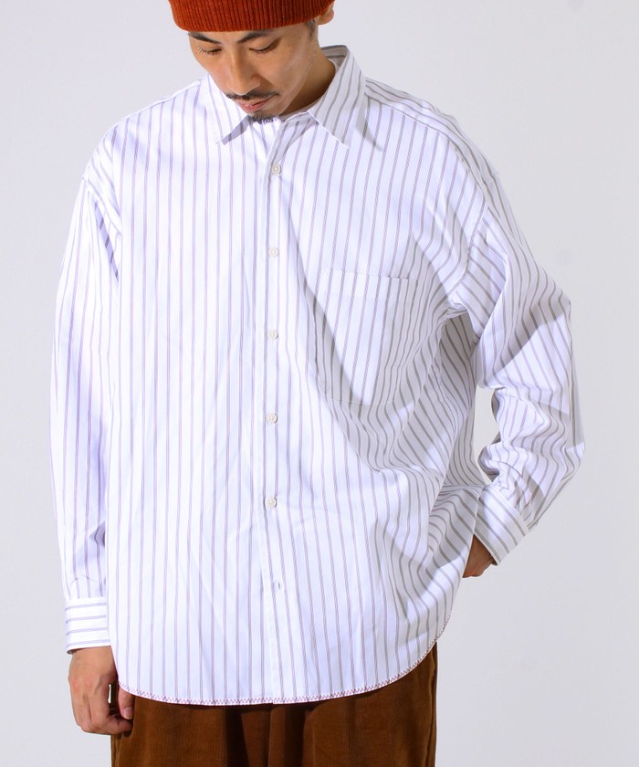 DRESSEDUNDRESSED 長袖シャツ ホワイトストライプ クーポン】【裾ステッチで差がつく】ストライプオーバーシャツ