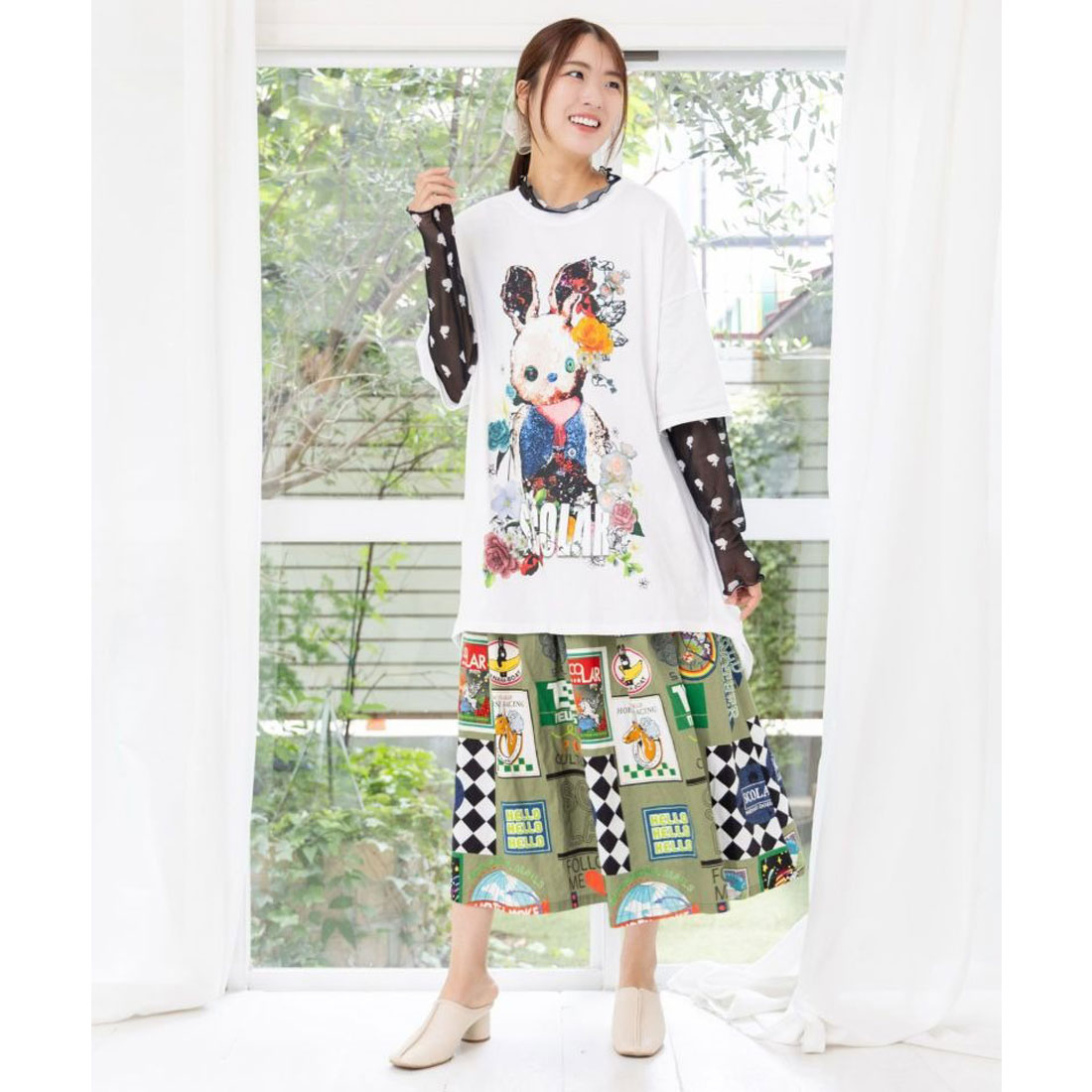 スカラー ScoLar ウサぬい柄レイヤード風 接触冷感チュニック （ブラック） スカラー ScoLar ウサぬい柄レイヤード風 接触冷感チュニック