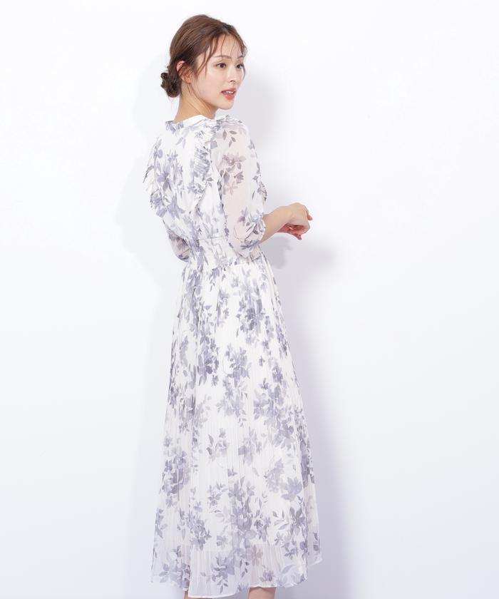 【HOBBS】シルクフローラルワンピース◇淡カラーで可憐に♪ osharewalker ワンピース レディース 羽織 七分袖 ぽわん袖