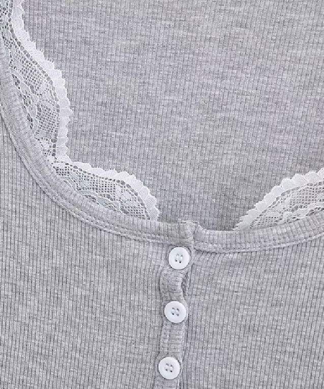 ラポミ プチ LA POMME petit Lace Stitching Square Collar Top