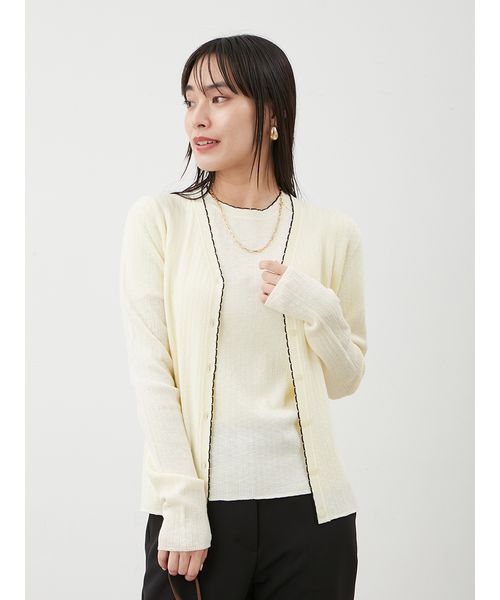【美品】ミラ　オーウェン　ストライプカーディガン　花　シアー素材 美品】ミラ オーウェン ストライプカーディガン 花 シアー素材