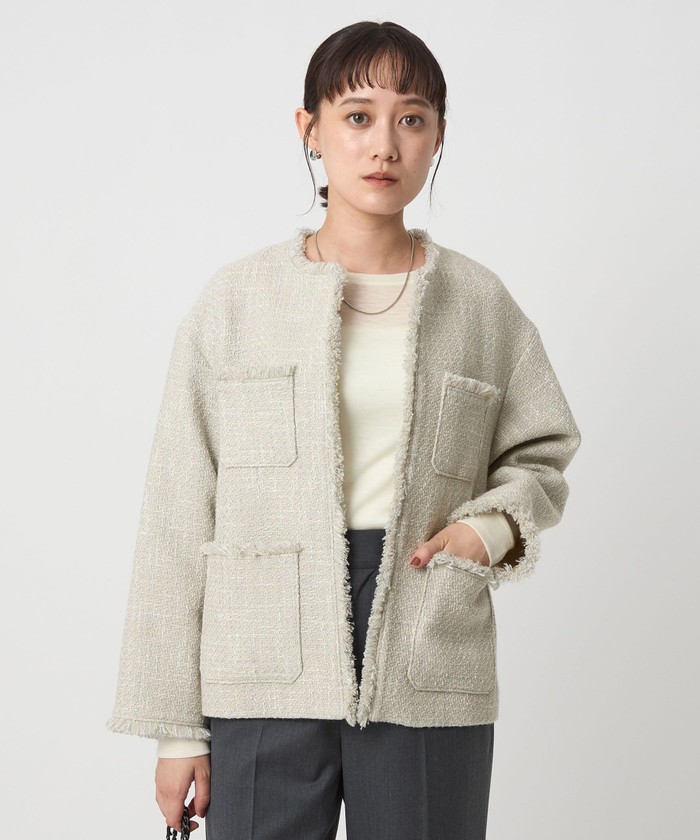 ミックスツイードライク ポケット ノーカラー ジャケット size SHORTあり］ミックスツイードライク ポケット ノーカラー