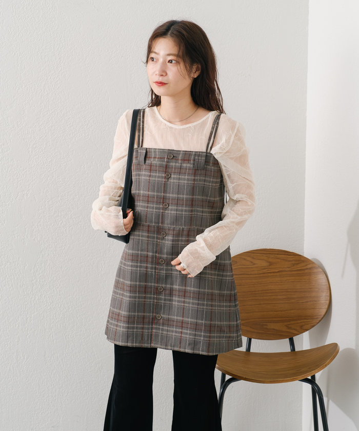 Kastane シアーチェックアシメワンピース グレー（サイズ展開