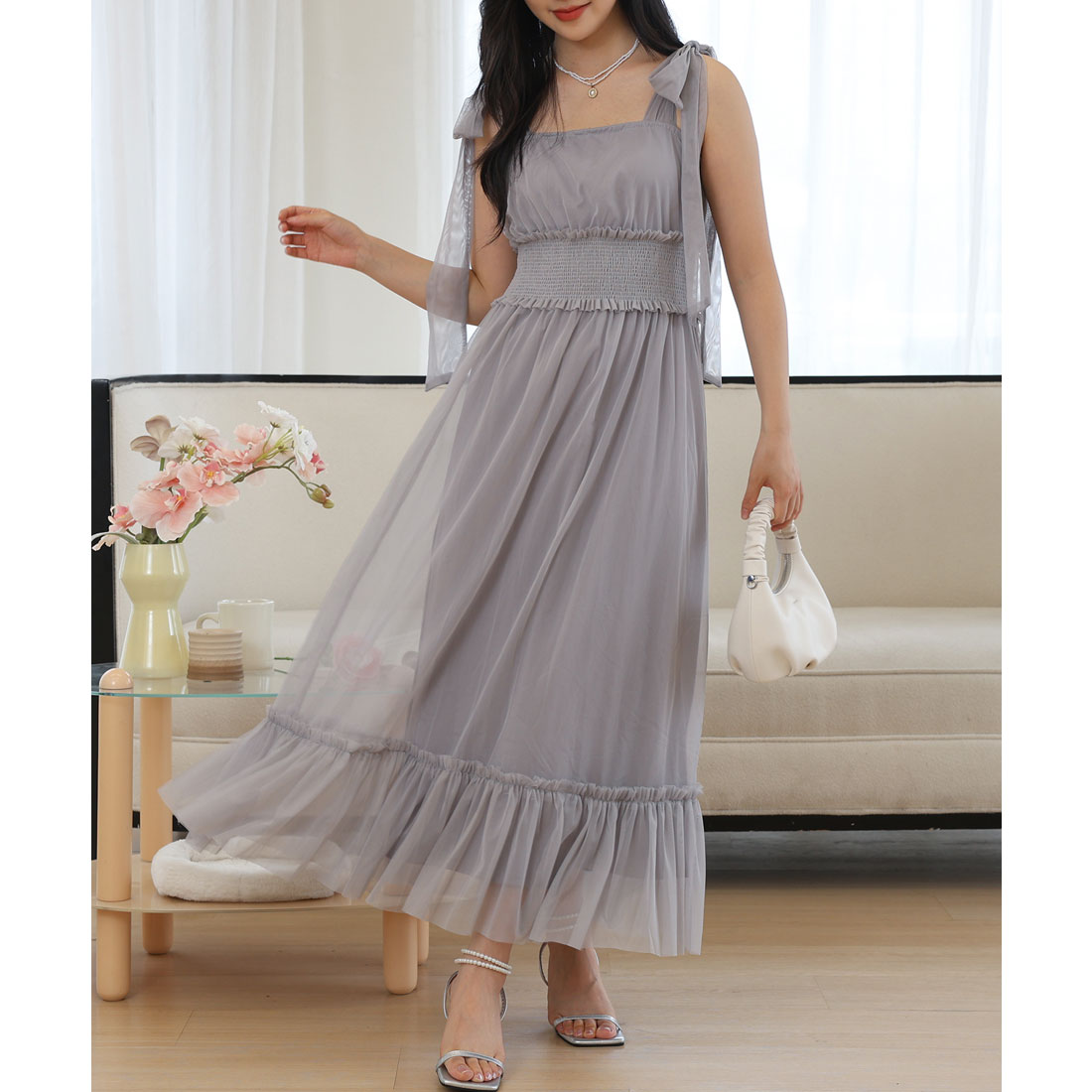 シルク100% SUE WONG フリルティアード Aラインロングドレス 6 couture an/クチュール アン】シフォン ベアトップ フラワー