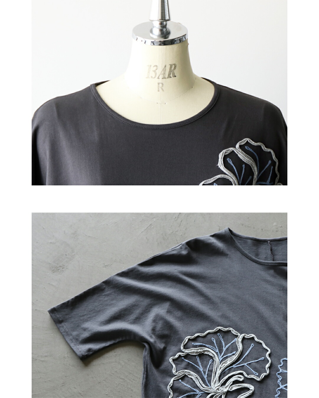 トップス Tシャツ otonaオリジナル ラフに着て絵になる立体花刺繍デザイントップス グレー 春 夏 秋 五分丈袖 七分丈袖 ゆったり OTONA 40代 50代 60代 OTONA トップス Tシャツ otonaオリジナル ラフに着て絵になる
