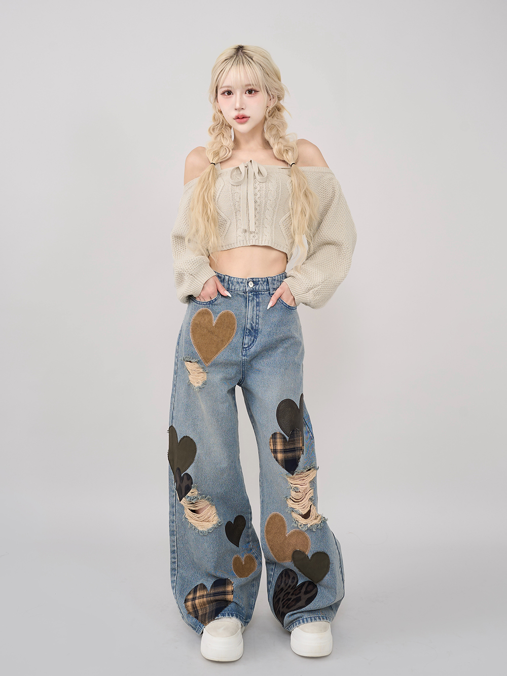 Darich ダーリッチ　ランダムハートパッチワークデニムパンツ　Sサイズ darich ダーリッチ ランダムハートパッチワークデニムパンツ