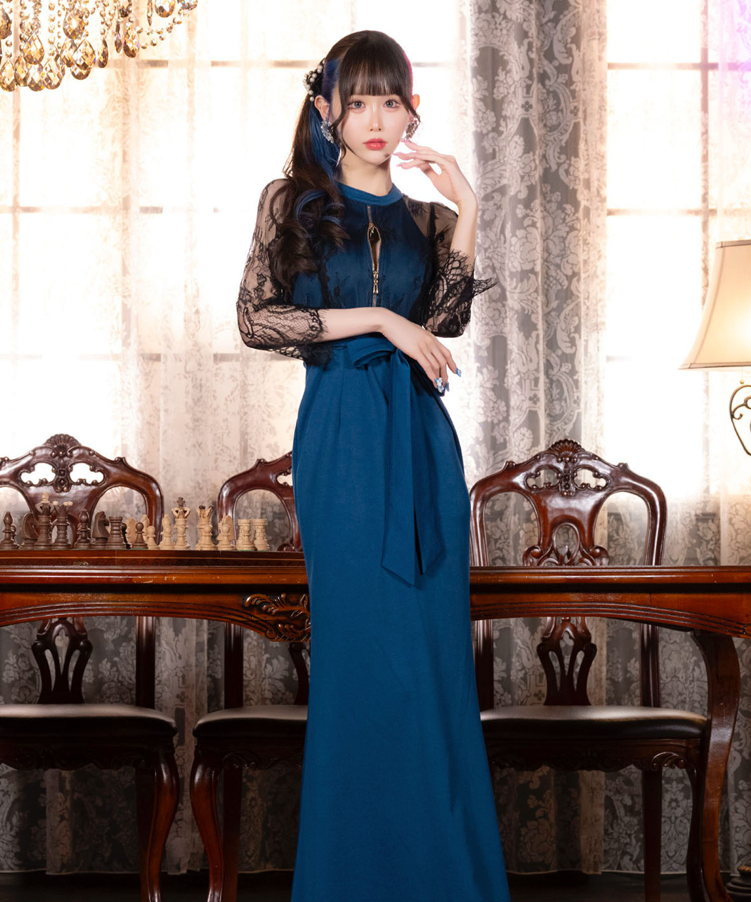BY DRESS レース6分袖タイトロングドレス 楽天市場】フィッシュテール ハイネックリボン付 ロング丈