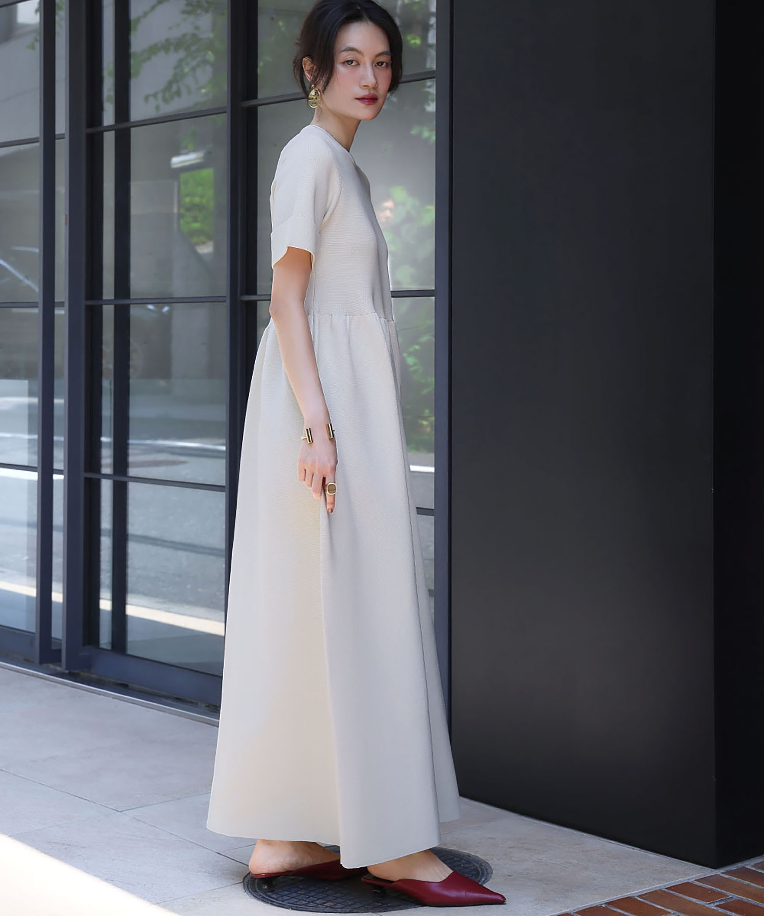 ELFRANK ドット コクーンワンピース ロング オフホワイト　エルフランク ELFRANK ワンピース ドットプリントロングコクーンワンピース