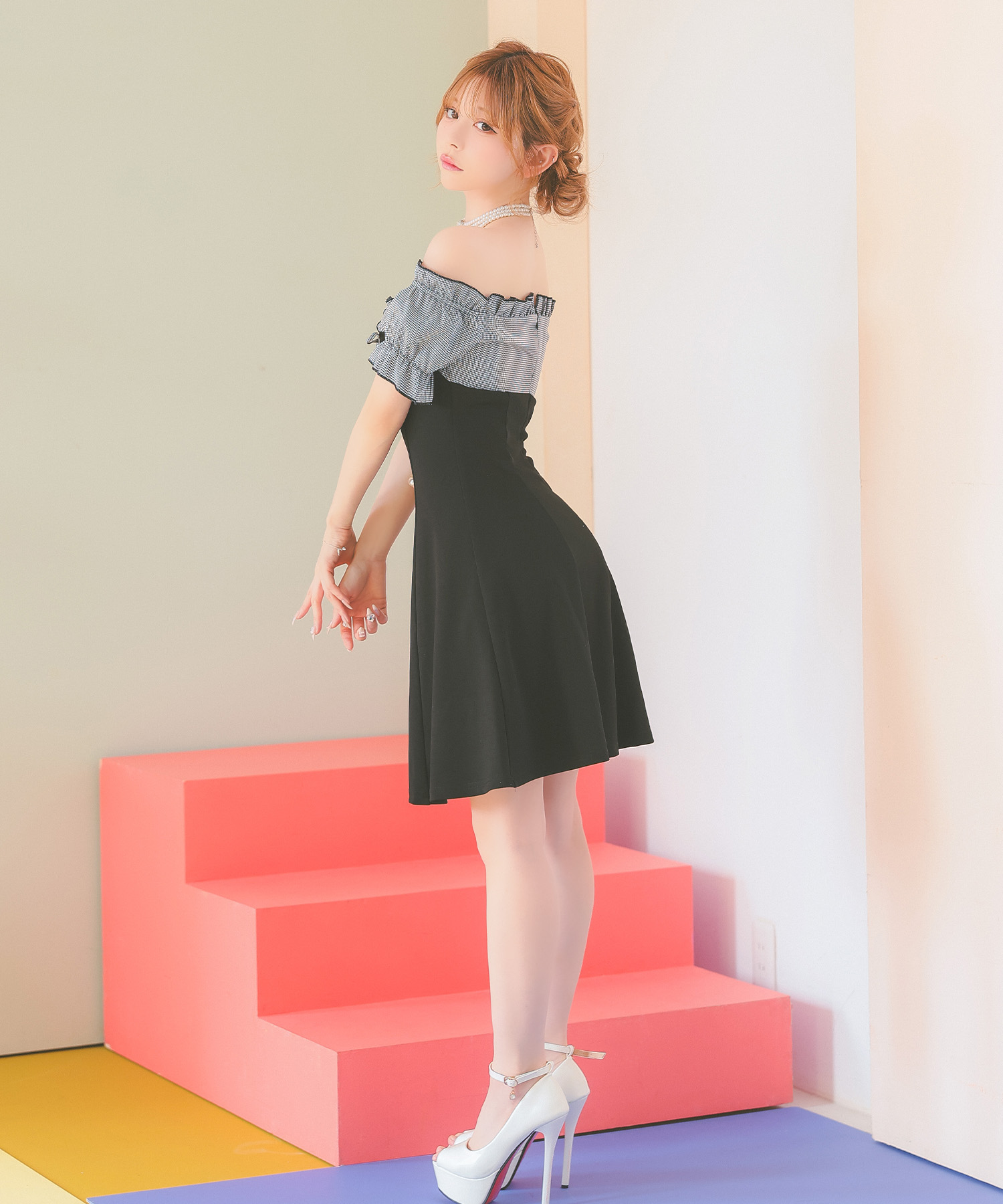ティカ Tika キャバドレス オフショルダー 千鳥格子柄 ネック