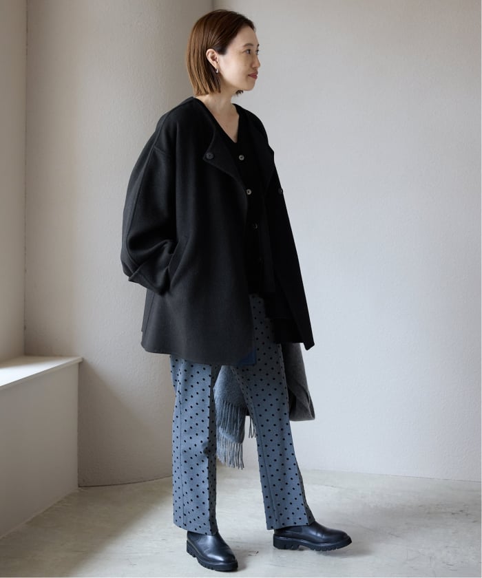 SLOBE IENA ダブルフェイスノーカラーコート ストール付き/予約》SUPER140 ダブルフェイスノーカラーコート