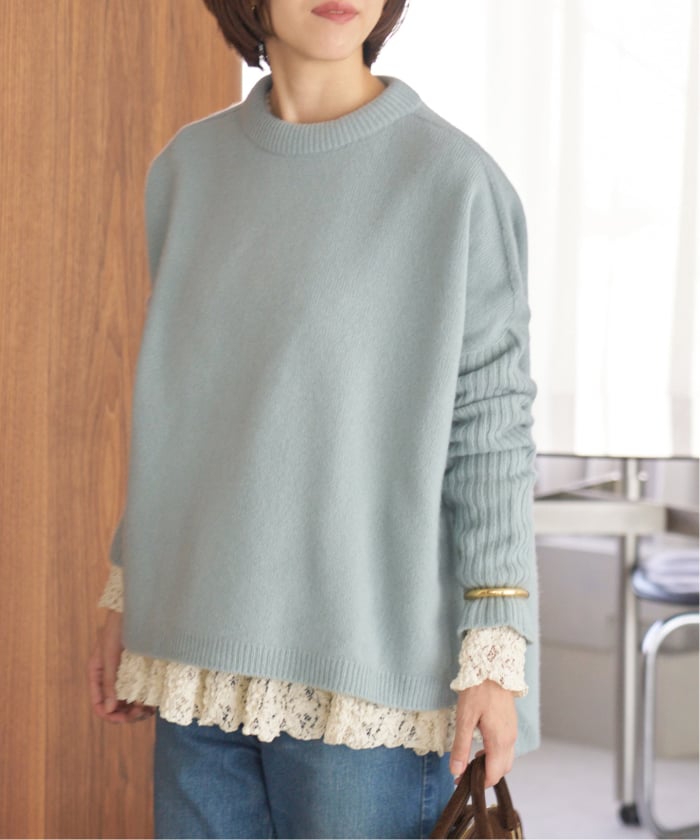美品 IENA カシミア混 脇スリット Aラインニット IENA イエナ ウールカシミヤ脇スリットクルーネックプルオーバー