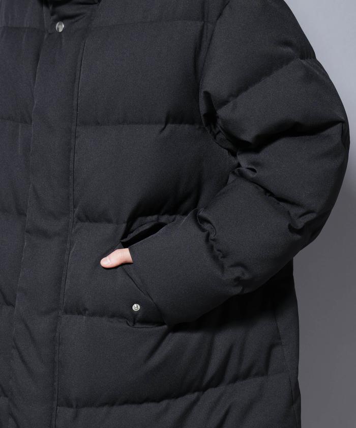 美品 ナノユニバース 西川ダウン ノーカラー ファー ダウンコート 黒 M 西川ダウン(R)」フェイクファーカラーサージロングダウン