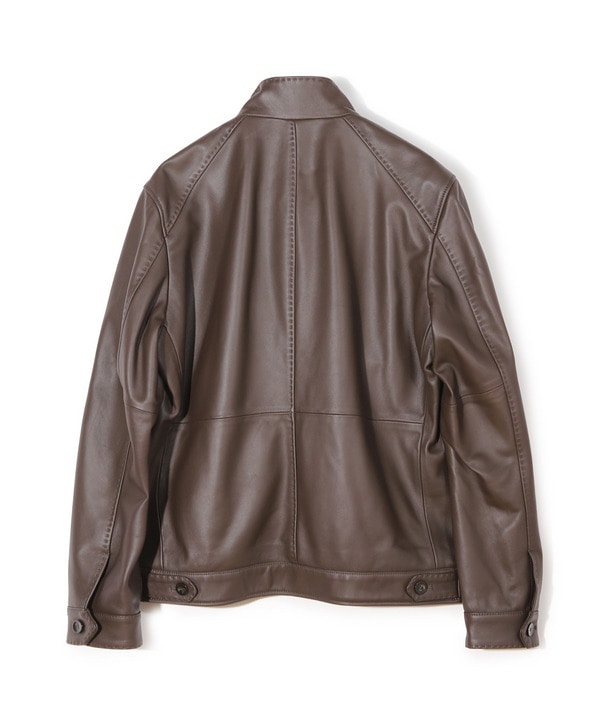 Men's Bigi レザーシングルライダースジャケット シープレザー　ブラウン スタンドカラーシングルライダース シープレザージャケット