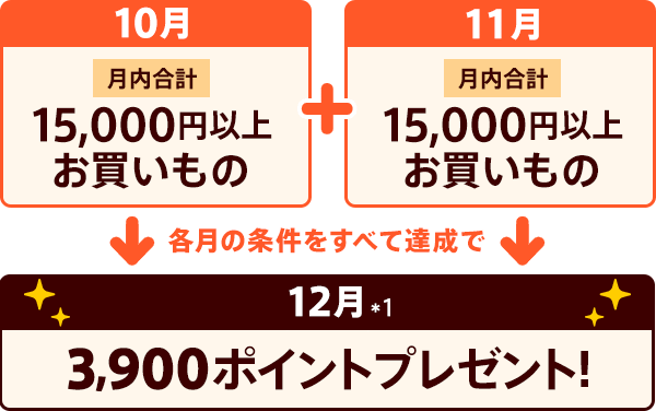 10月・11月それぞれ合計15,000円以上お買い物で12月に3,900ポイントプレゼント