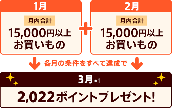 1月・2月それぞれ合計15,000円以上お買い物で3月に2022ポイントプレゼント