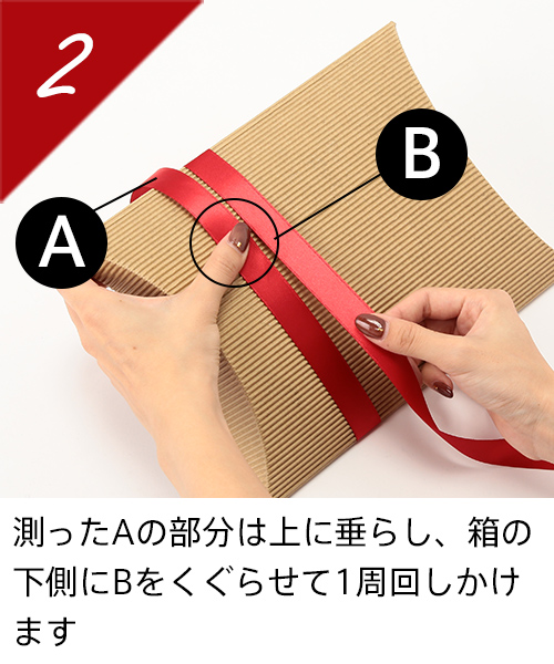 測ったAの部分は上に垂らし、箱の下側にBをくぐらせて1周回しかけます