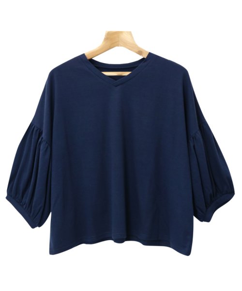 Tシャツ レディース カットソー バルーン袖 ゆったり ビッグt 7分袖 Vネック トップス アンドミー And Me D Fashion