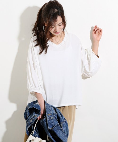 クーポン Tシャツ レディース カットソー バルーン袖 ゆったり ビッグt 7分袖 Vネック トップス アンドミー And Me D Fashion