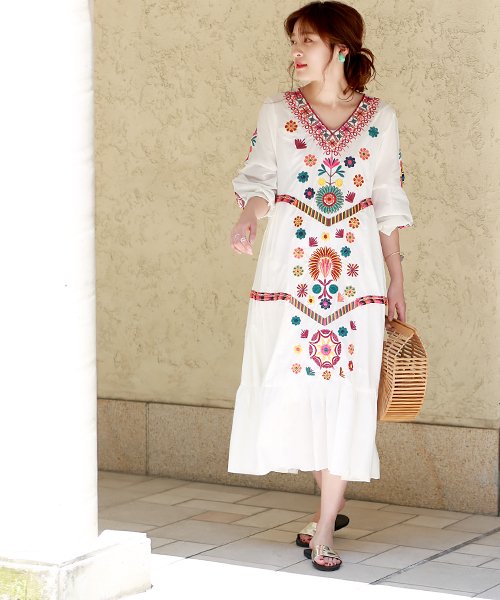 Web限定 ボリュームスリーブ カラフル刺繍 ロングワンピース ブージュルード Bou Jeloud D Fashion