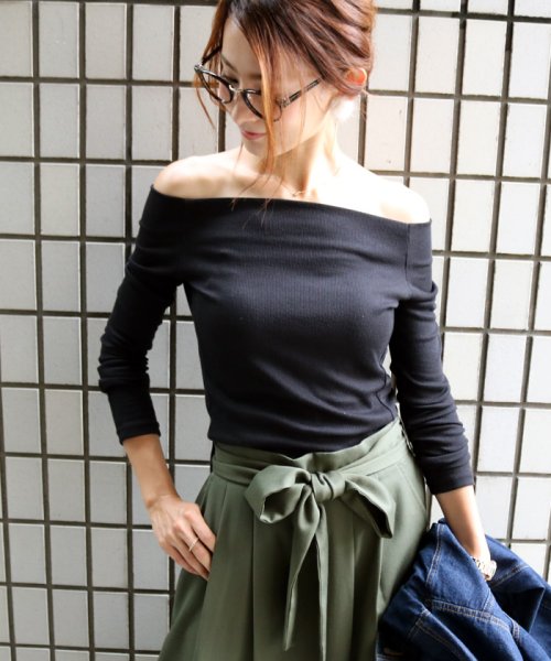オフショルダー リブカットソー レディース テレコ素材 長袖 トップス アンドミー And Me D Fashion