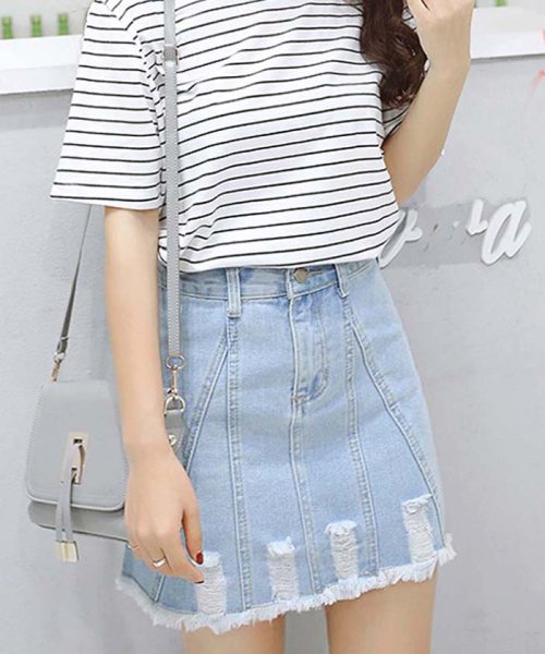 セール デニムスカート ハイウエスト ミニスカート Aライン 台形スカート 春夏 ダメージ ミニミニストア Miniministore D Fashion