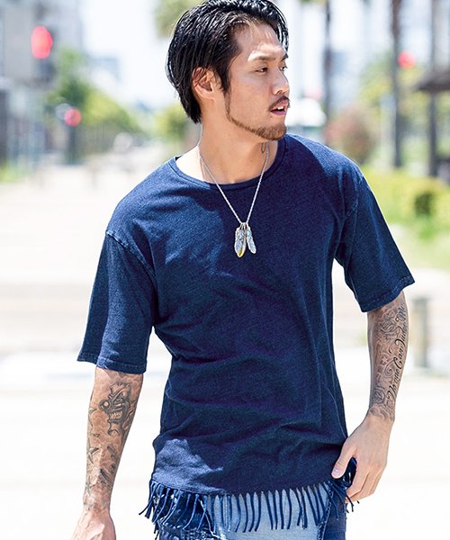 Cavaria キャバリア インディゴ染めフリンジ付きクルーネック半袖tシャツ キャバリア Cavaria D Fashion