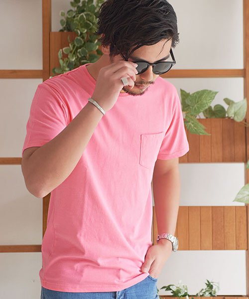 Cavaria ポケット付きクルーネック半袖tシャツ メンズ 半袖 無地 Vネック シンプル ポケット ホワイト ブラック オレンジ 蛍光 ネオン 夏 トップス キャバリア Cavaria D Fashion