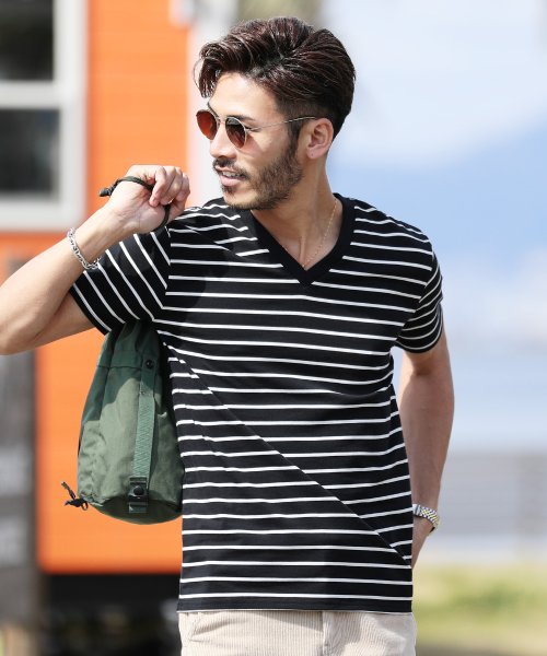 セール マルチボーダーtシャツ 7分袖tシャツ Tシャツ メンズ ボーダー Vネック Uネック ジギーズショップ Jiggys Shop D Fashion