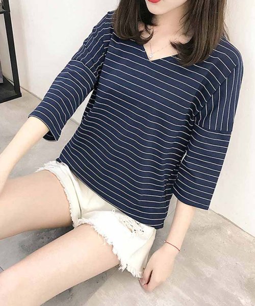 セール カットソー ボーダー Vネック Tシャツ 半袖 トップス レディース 春 可愛い ミニミニストア Miniministore D Fashion