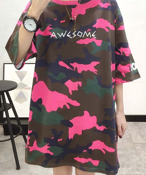 迷彩柄 カモフラージュ ロングtシャツ レディース 五分袖 ゆるtシャツ チュニック ミニミニストア Miniministore D Fashion