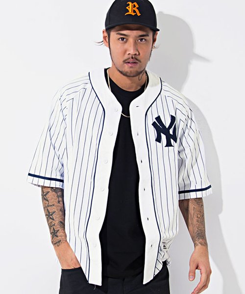 Majestic マジェスティック Ny ピンストライプベースボール半袖シャツ マジェスティック Majestic D Fashion