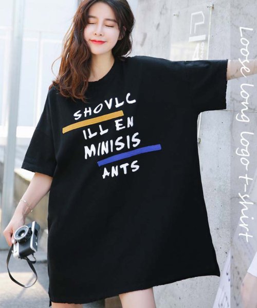 ロゴtシャツ ワンピース ゆったり ロング丈 カットソー チュニックワンピース 膝丈 ミニミニストア Miniministore D Fashion