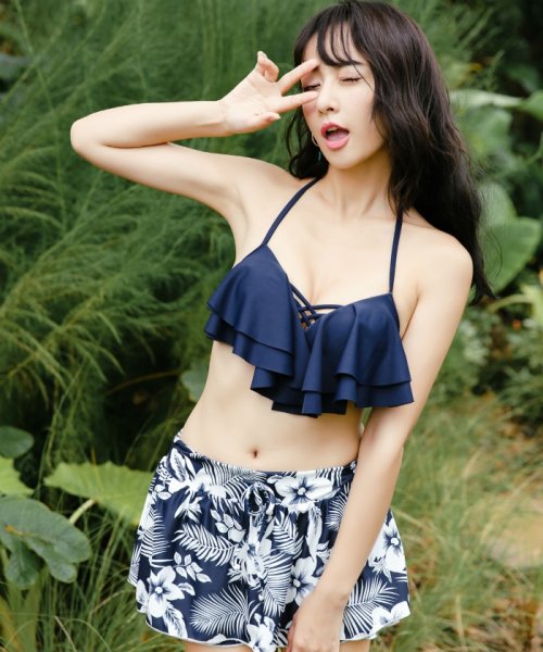 ショートパンツ付き 二段フリルボリュームビキニ 3点セット 水着 リノリノ Rinorino D Fashion