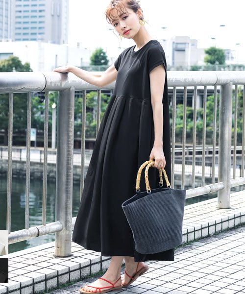 異素材切り替えフレンチスリーブフレアワンピースcocaオリジナル コカ Coca D Fashion