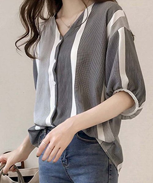 セール Off ブラウス レディース マルチストライプ ブラウス 体型カバー シャツ 夏服 ミニミニストア Miniministore D Fashion