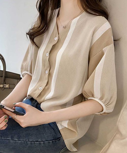 セール ブラウス レディース マルチストライプ ブラウス 体型カバー シャツ 夏服 ミニミニストア Miniministore D Fashion