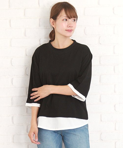 Uネック重ね着風tシャツ ゆったり 夏 重ね着風 体型カバー ７分丈 クルーネック アミュレット Amulet D Fashion