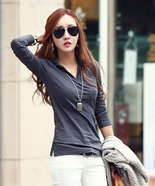 Vネック長袖シャツ レディース おしゃれ シンプル 春服 ブラック 黒 アミュレット Amulet D Fashion