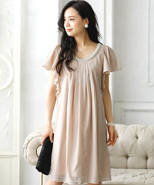 結婚式 パーティー ビジュー付き 袖フリル ギャザーaラインパーティードレス プールヴー Pourvous D Fashion
