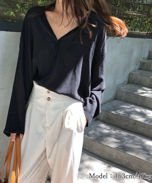 セール Vネック ブラウス オフィス スキッパーシャツ 長袖 ゆったり トップス レディース ミニミニストア Miniministore D Fashion