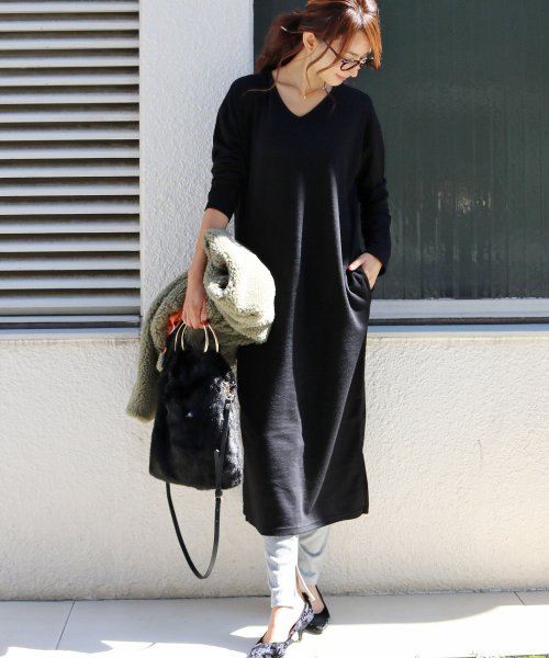 セール Off M 8 Vネック ニットソー ワンピース ロング丈 長袖 スリット入り アンドミー And Me D Fashion
